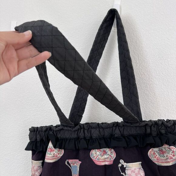 Vintage Ladies Large Black Tote Teacups print Lined Hinged‎ Metal Closure Ruffle - Picture 4 of 11